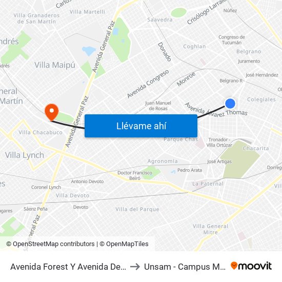 Avenida Forest Y Avenida De Los Incas to Unsam - Campus Miguelete map