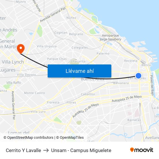 Cerrito Y Lavalle to Unsam - Campus Miguelete map