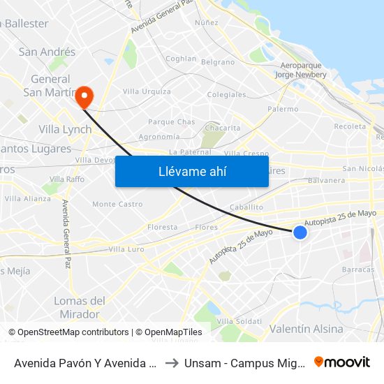 Avenida Pavón Y Avenida Boedo to Unsam - Campus Miguelete map