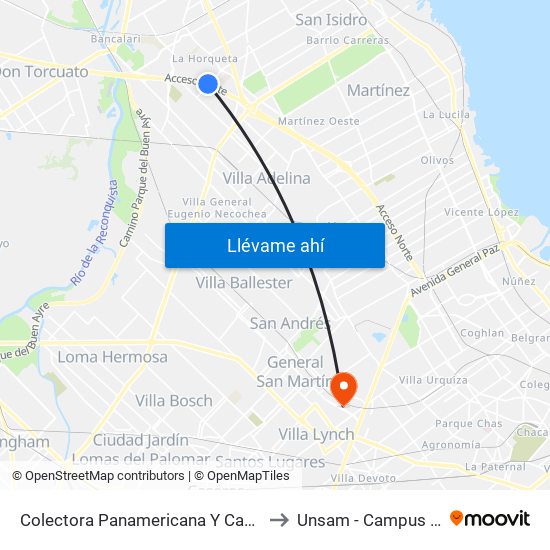 Colectora Panamericana Y Capitán San Martín to Unsam - Campus Miguelete map