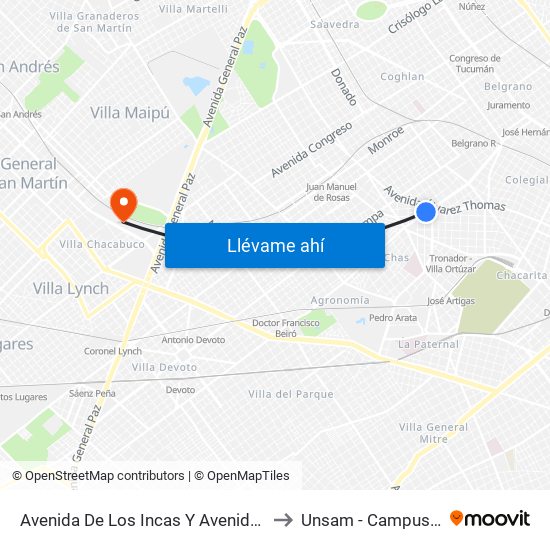 Avenida De Los Incas Y Avenida Álvarez Thomas to Unsam - Campus Miguelete map