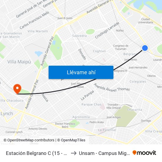 Estación Belgrano C (15 - 29 - 42) to Unsam - Campus Miguelete map