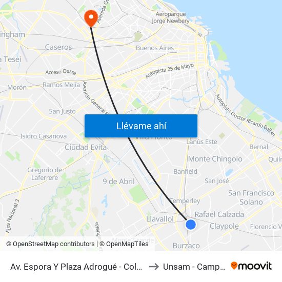 Av. Espora Y Plaza Adrogué - Colegio Nacional De Adrogué to Unsam - Campus Miguelete map