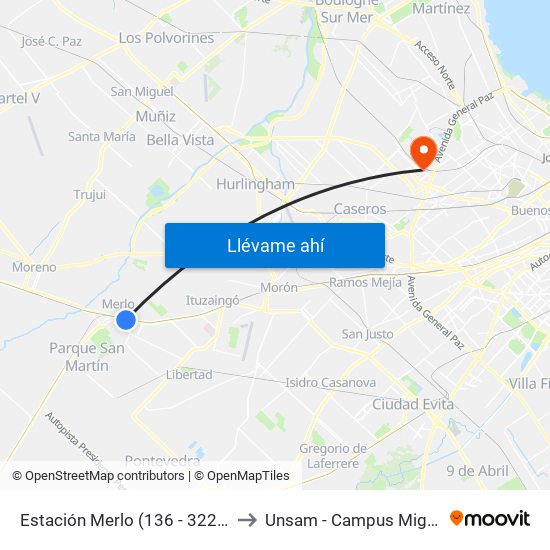 Estación Merlo (136 - 322 - 336) to Unsam - Campus Miguelete map
