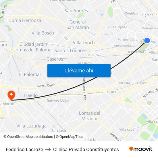 Federico Lacroze to Clinica Privada Constituyentes map