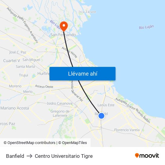 Banfield to Centro Universitario Tigre map
