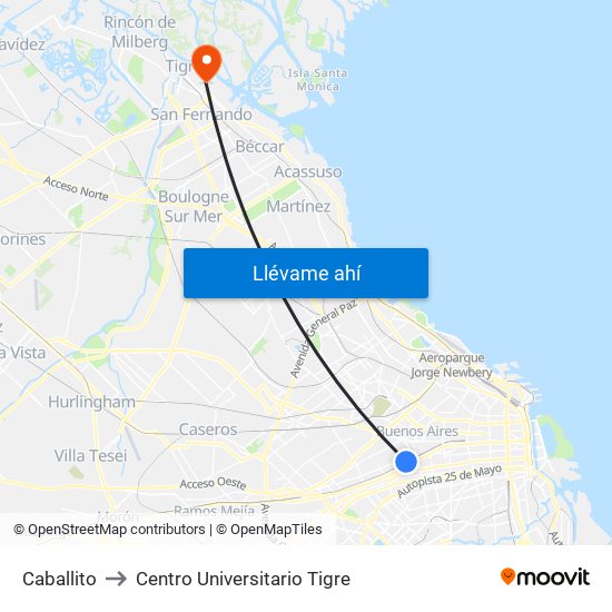 Caballito to Centro Universitario Tigre map
