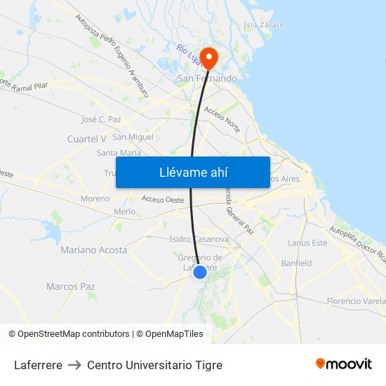 Laferrere to Centro Universitario Tigre map