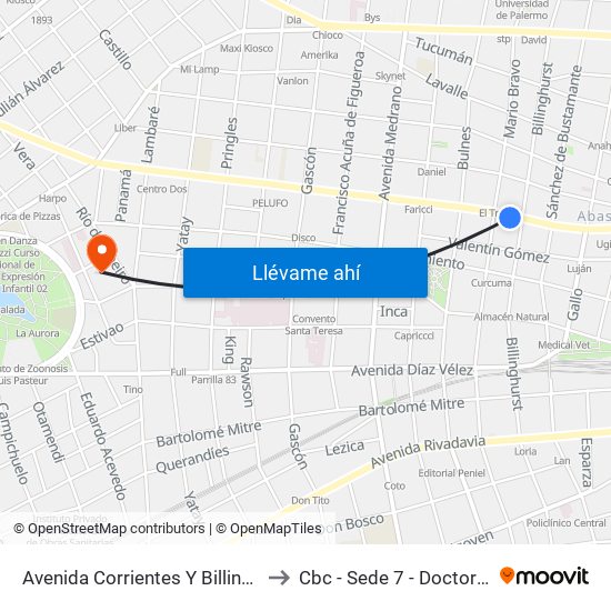 Avenida Corrientes Y Billinghurst (24 - 168) to Cbc - Sede 7 - Doctor Ramos Mejía map