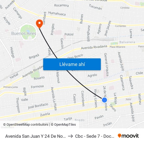 Avenida San Juan Y 24 De Noviembre (53 - 88 - 126) to Cbc - Sede 7 - Doctor Ramos Mejía map