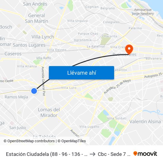 Estación Ciudadela (88 - 96 - 136 - 153 - 163 - 182 - 205 - 253 - 284 - 325 - 378 - 382) to Cbc - Sede 7 - Doctor Ramos Mejía map