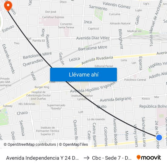 Avenida Independencia Y 24 De Noviembre (23 - 56 - 75 - 88)) to Cbc - Sede 7 - Doctor Ramos Mejía map