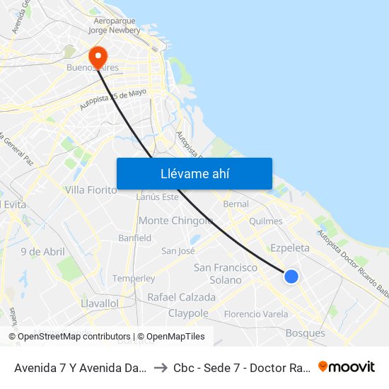 Avenida 7 Y Avenida Dardo Rocha to Cbc - Sede 7 - Doctor Ramos Mejía map