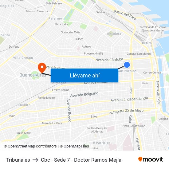 Tribunales to Cbc - Sede 7 - Doctor Ramos Mejía map