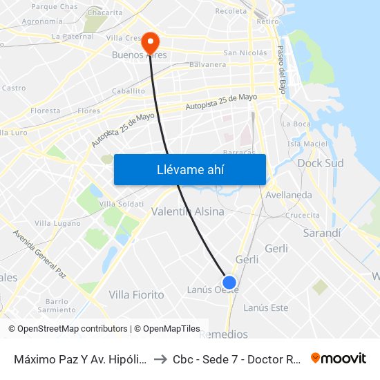 Máximo Paz Y Av. Hipólito Yrigoyen to Cbc - Sede 7 - Doctor Ramos Mejía map