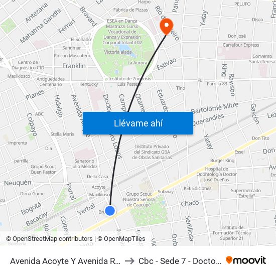 Avenida Acoyte Y Avenida Rivadavia (42 - 135) to Cbc - Sede 7 - Doctor Ramos Mejía map