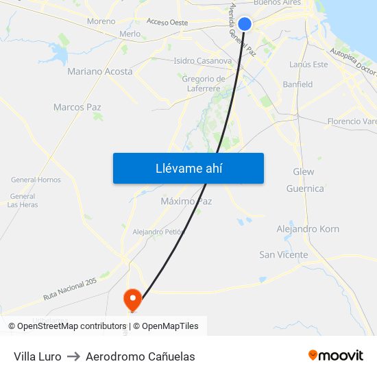 Villa Luro to Aerodromo Cañuelas map