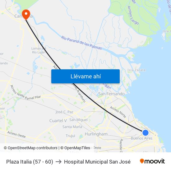 Plaza Italia (57 - 60) to Hospital Municipal San José map
