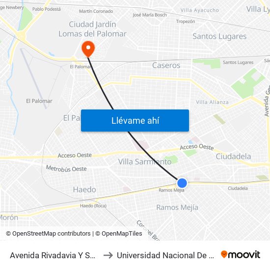 Avenida Rivadavia Y Sargento Cabral to Universidad Nacional De Tres De Febrero map