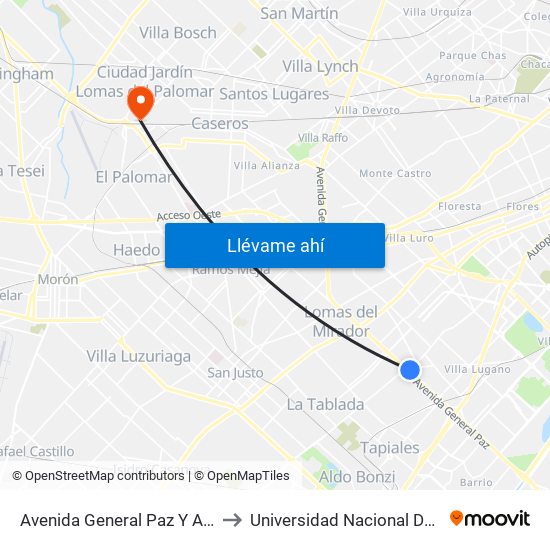 Avenida General Paz Y Avenida Eva Perón to Universidad Nacional De Tres De Febrero map