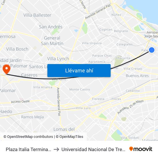 Plaza Italia Terminal L.57-60 to Universidad Nacional De Tres De Febrero map