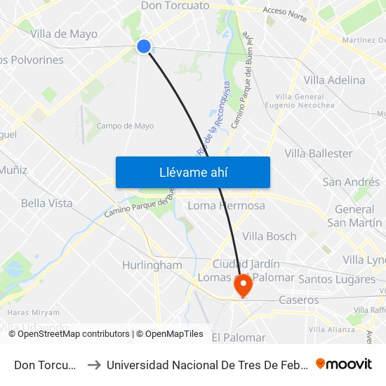 Don Torcuato to Universidad Nacional De Tres De Febrero map
