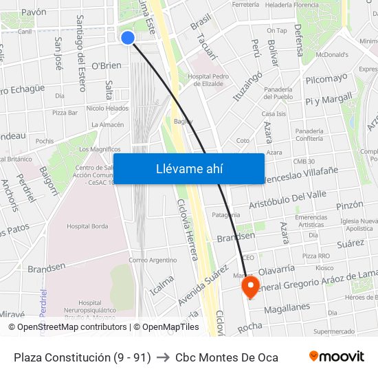 Plaza Constitución (9  - 91) to Cbc Montes De Oca map