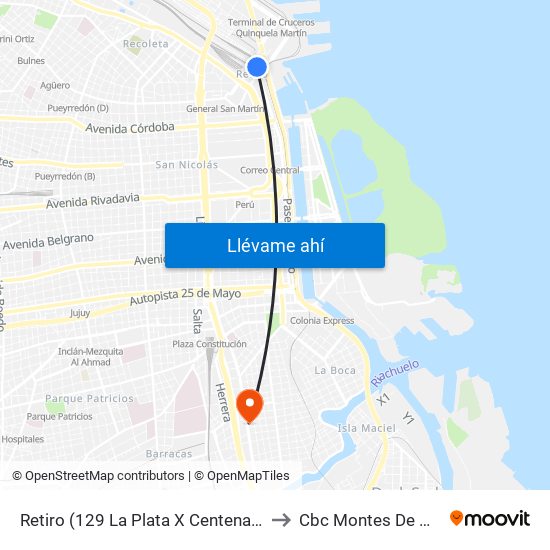Retiro (129 La Plata X Centenario) to Cbc Montes De Oca map