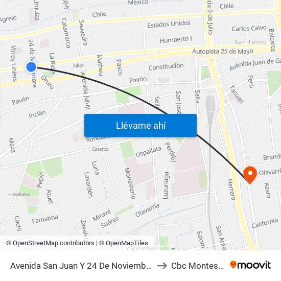 Avenida San Juan Y 24 De Noviembre (53 - 88 - 126) to Cbc Montes De Oca map