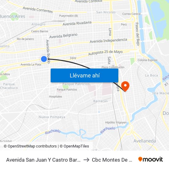Avenida San Juan Y Castro Barros to Cbc Montes De Oca map