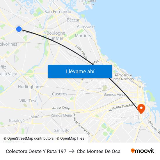 Colectora Oeste Y Ruta 197 to Cbc Montes De Oca map