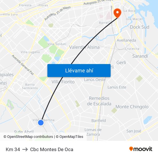 Km 34 to Cbc Montes De Oca map
