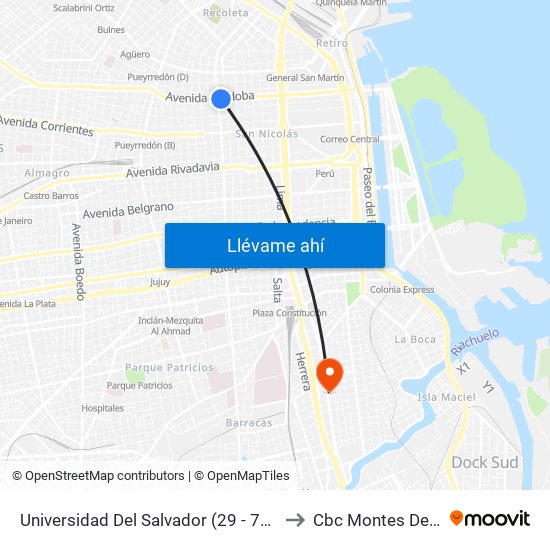 Universidad Del Salvador (29 - 75 - 140) to Cbc Montes De Oca map
