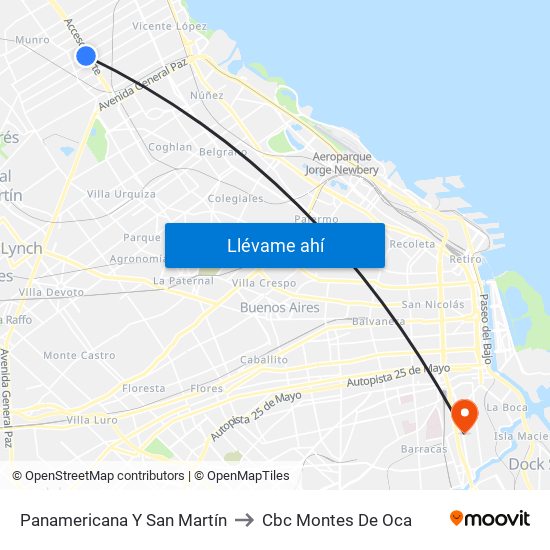 Panamericana Y San Martín to Cbc Montes De Oca map
