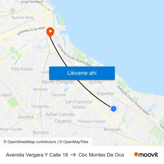 Avenida Vergara Y Calle 18 to Cbc Montes De Oca map