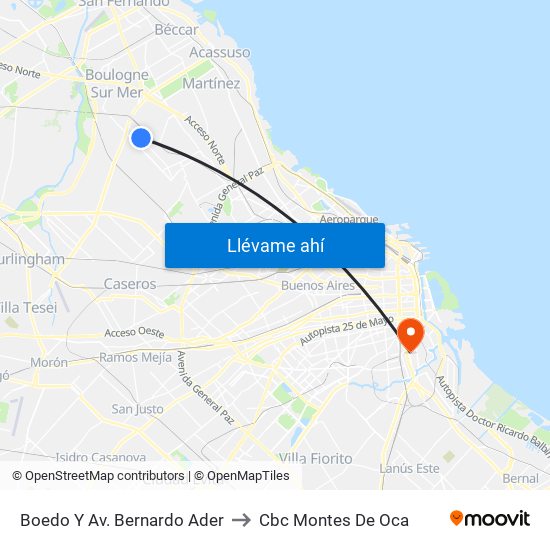 Boedo Y Av. Bernardo Ader to Cbc Montes De Oca map