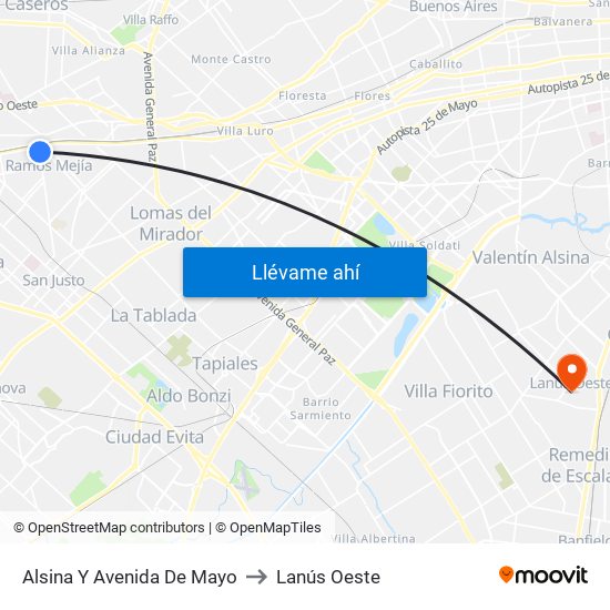 Alsina Y Avenida De Mayo to Lanús Oeste map