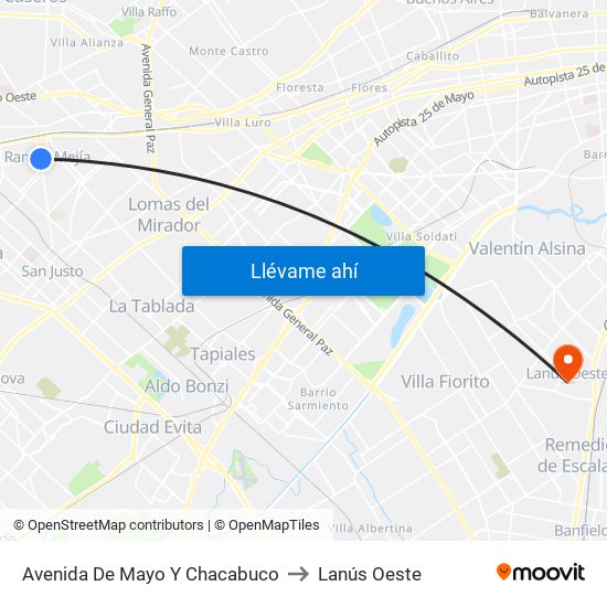 Avenida De Mayo Y Chacabuco to Lanús Oeste map