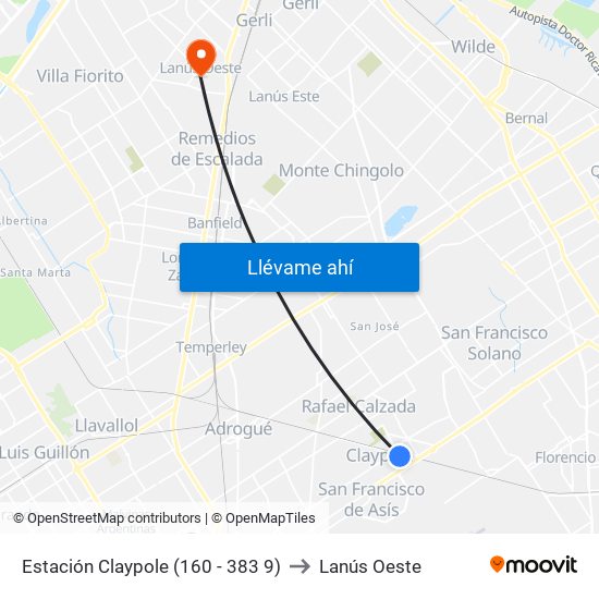 Estación Claypole (160 - 383 9) to Lanús Oeste map
