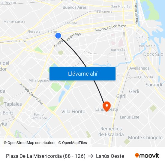 Plaza De La Misericordia (88 - 126) to Lanús Oeste map