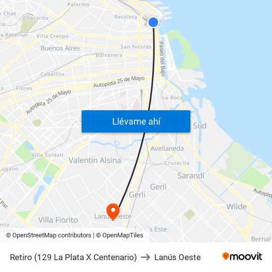 Retiro (129 La Plata X Centenario) to Lanús Oeste map