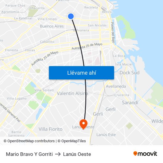 Mario Bravo Y Gorriti to Lanús Oeste map