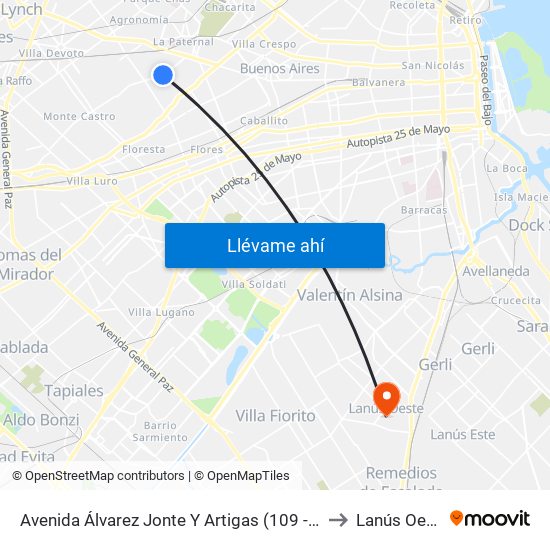 Avenida Álvarez Jonte Y Artigas (109 - 135) to Lanús Oeste map