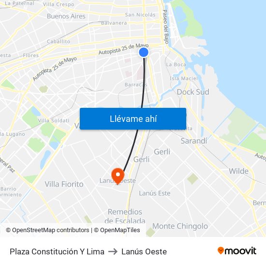 Plaza Constitución Y Lima to Lanús Oeste map
