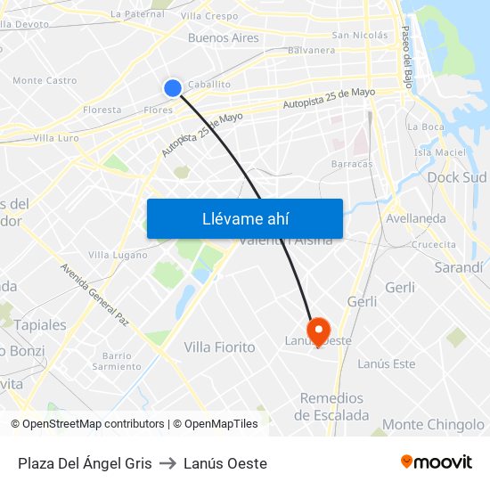 Plaza Del Ángel Gris to Lanús Oeste map