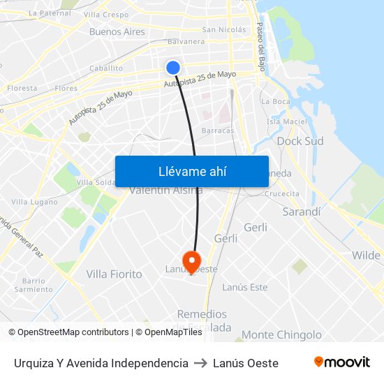 Urquiza Y Avenida Independencia to Lanús Oeste map