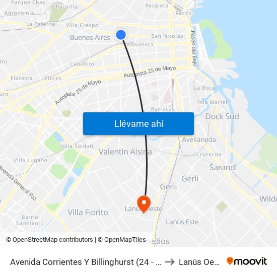 Avenida Corrientes Y Billinghurst (24 - 168) to Lanús Oeste map
