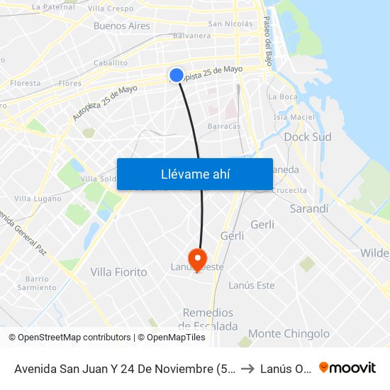 Avenida San Juan Y 24 De Noviembre (53 - 88 - 126) to Lanús Oeste map