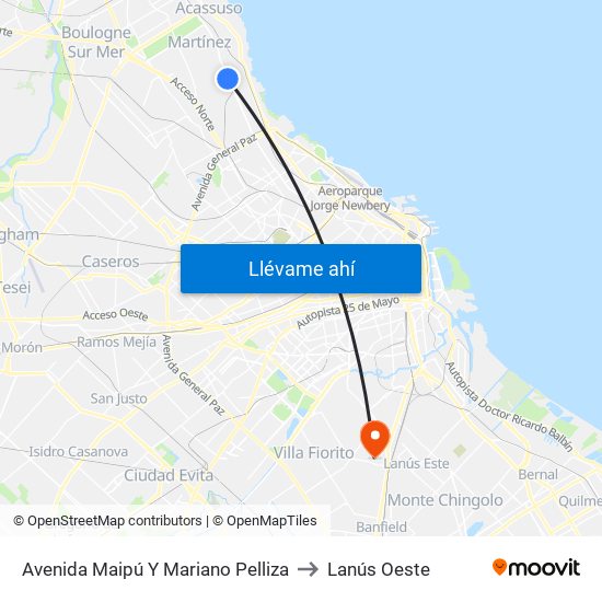 Avenida Maipú Y Mariano Pelliza to Lanús Oeste map