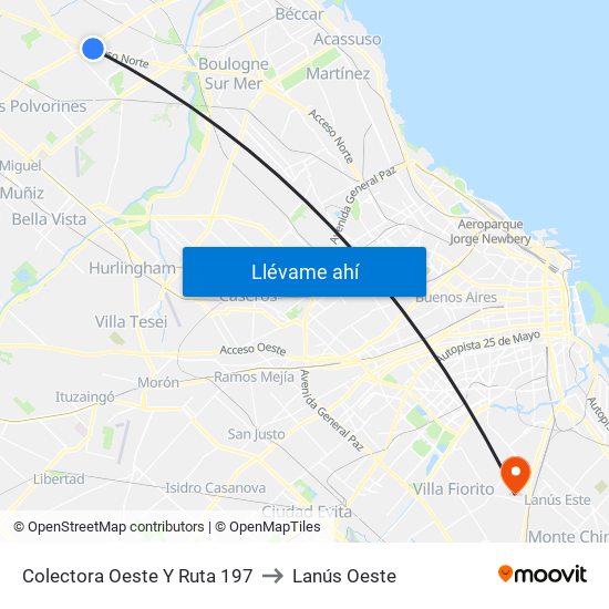 Colectora Oeste Y Ruta 197 to Lanús Oeste map